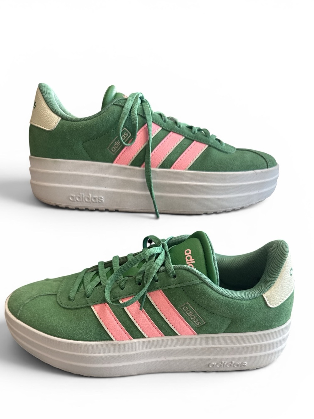Adidas VL Court Bold Suede Platform Sneakers Green w/ Pink Stripes Women Sz 9.5 - Picture 3 of 8